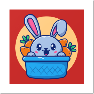 Cute Rabbit In Basket With Carrot Cartoon Posters and Art